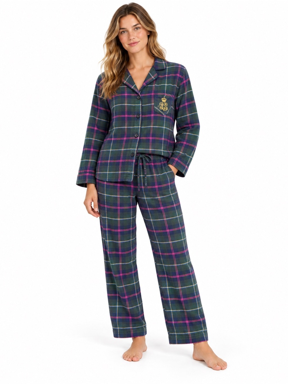 Lauren Ralph Lauren Plaid Pajama Set XL Green Pink Cotton Viscose Monogram